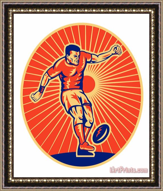 Collection 10 Rugby Player Kicking Ball Woodcut Framed Print