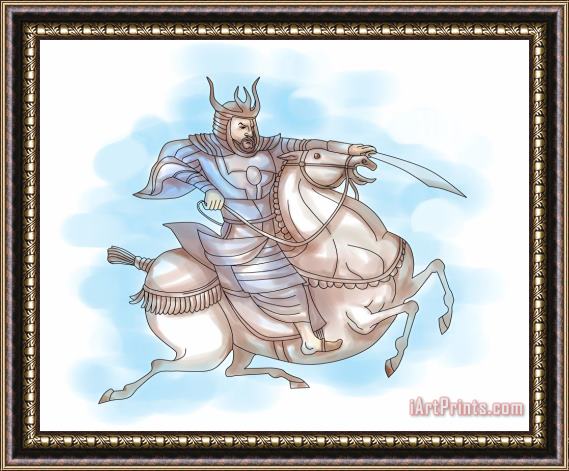 Collection 10 Samurai warrior with sword riding horse Framed Painting