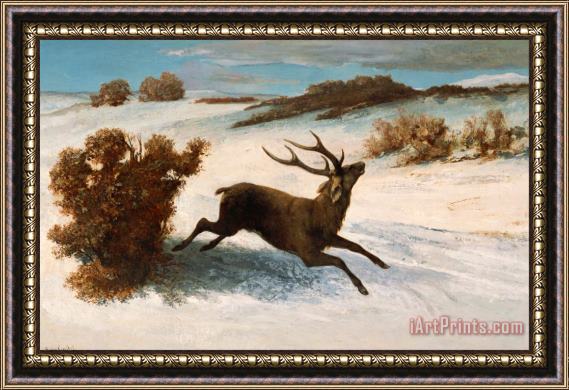 Courbet, Gustave Deer Running in The Snow Framed Print