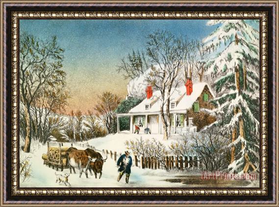 Currier and Ives Bringing Home the Logs Framed Painting