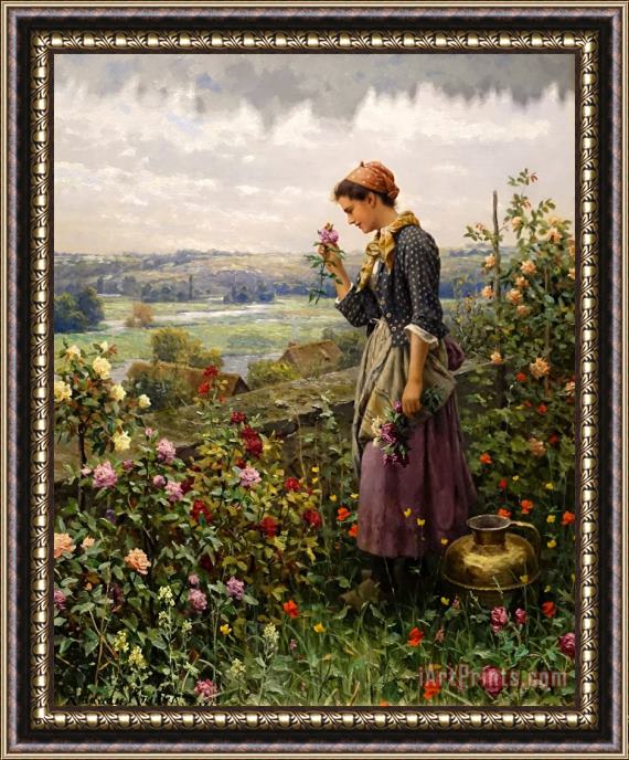 Daniel Ridgway Knight Maiden Picking Flowers Framed Painting