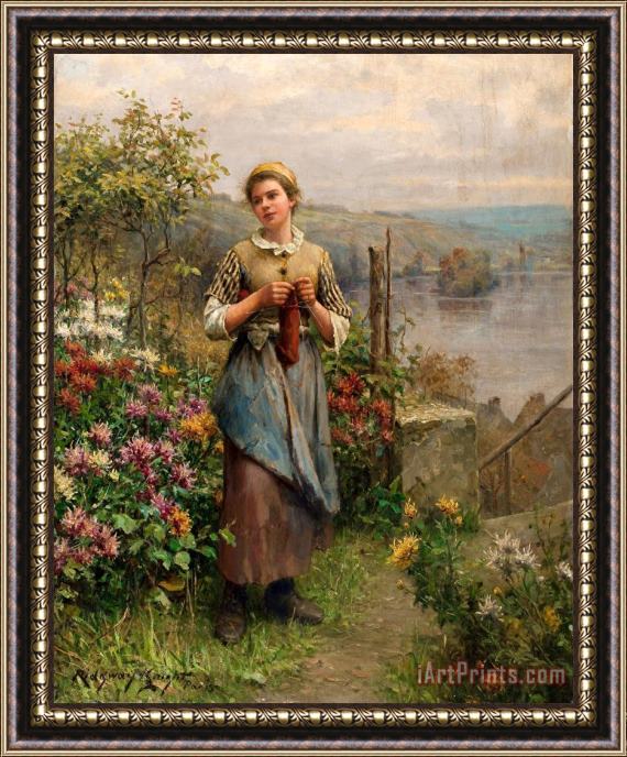 Daniel Ridgway Knight Young Woman Knitting Framed Painting