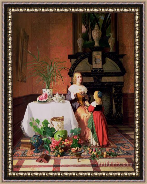 David Emil Joseph de Noter Interior with figures and fruit Framed Painting