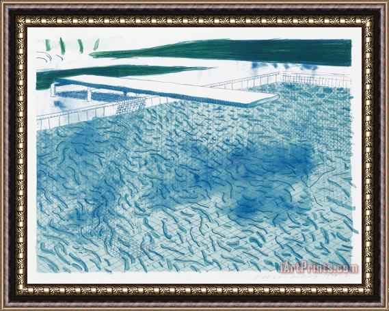 David Hockney Lithograph of Water Made of Lines with Two Light Blue Washes, 1978 1980 Framed Painting