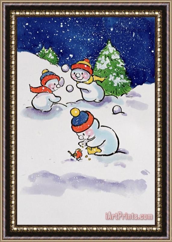 Diane Matthes Little Snowmen Snowballing Framed Print