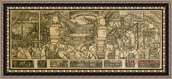 Diego Rivera Presentation Drawing Of The Automotive Panel For The North Wall Of The Detroit Industry Mural Framed Painting