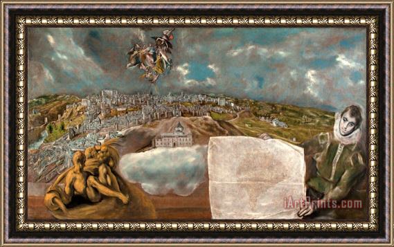 Domenikos Theotokopoulos, El Greco View And Plan of Toledo Framed Painting
