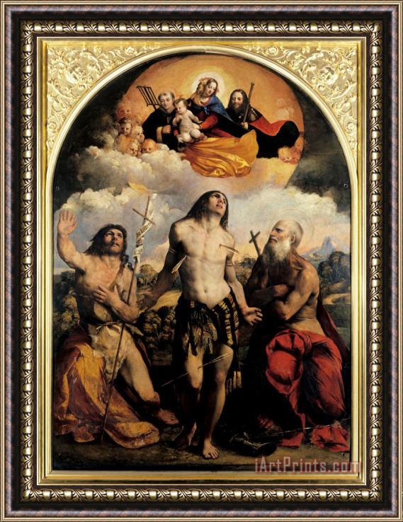 Dosso Dossi St Sebastian Between Saints Jerom And John The Baptist 1522 Framed Print