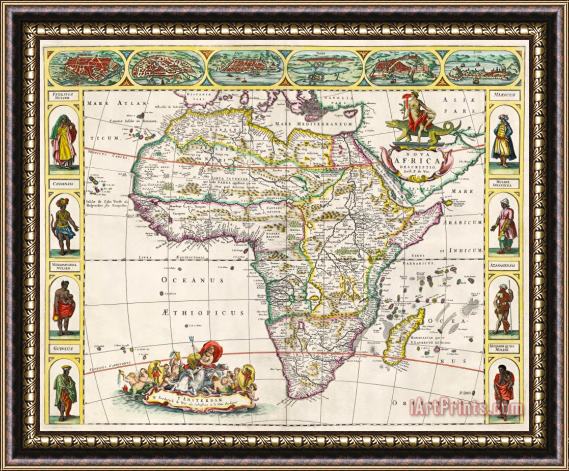 Dutch School Antique Map of Africa Framed Painting
