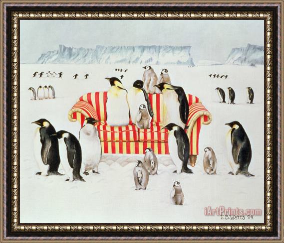 EB Watts Penguins On A Red And White Sofa Framed Print