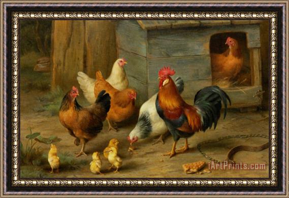 Edgar Hunt A Cockerel with Chickens Framed Print