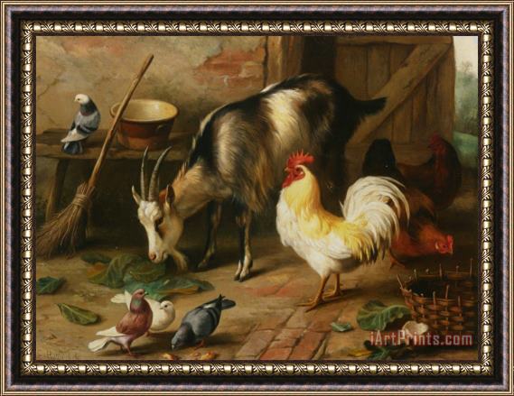 Edgar Hunt A Goat Chicken And Doves in a Stable Framed Painting