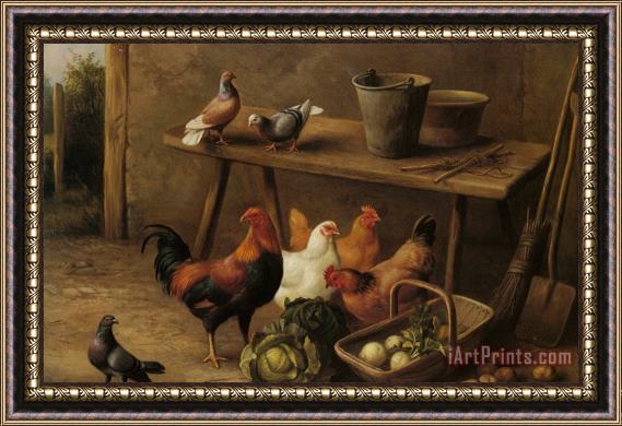 Edgar Hunt Chickens And Pigeons in a Farmyard Framed Painting