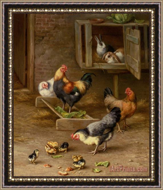 Edgar Hunt Chickens Chicks And Rabbits in a Hutch Framed Print