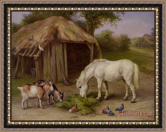 Edgar Hunt Pony And Goats in a Farmyard Framed Painting