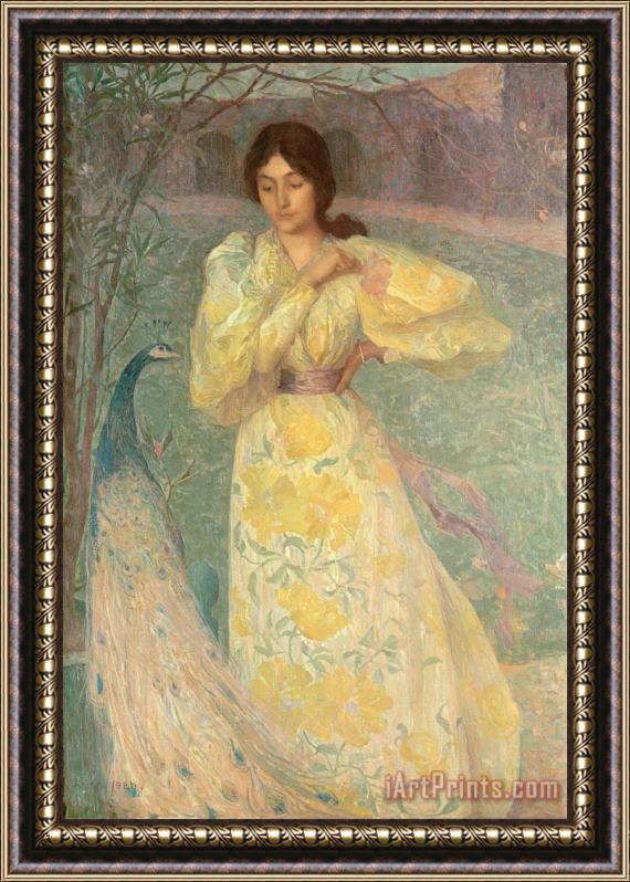 Edmond Francois Aman Jean Young Girl with a Peacock Framed Painting