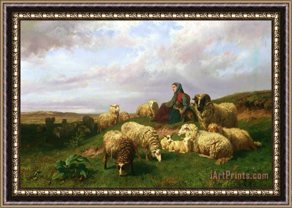 Edmond Jean-Baptiste Tschaggeny Shepherdess resting with her flock Framed Print