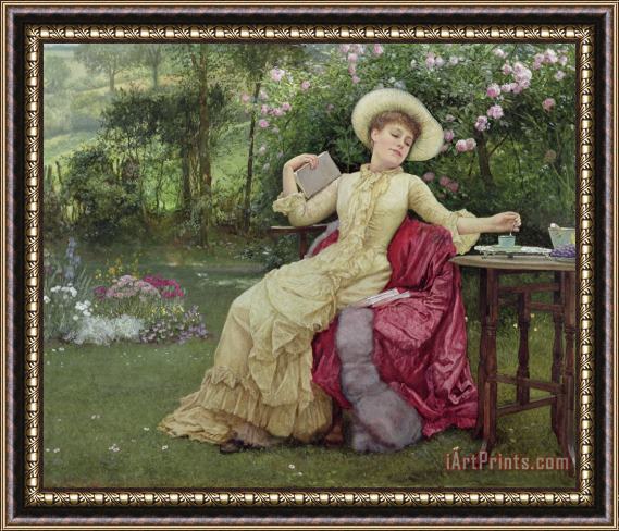 Edward Killingworth Johnson Drinking Coffee And Reading In The Garden Framed Painting