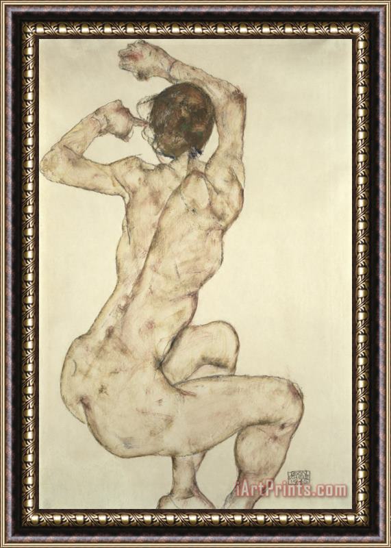 Egon Schiele A Crouching Nude Framed Painting