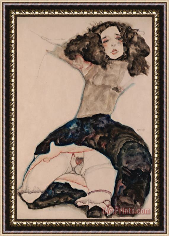Egon Schiele Black Haired Girl with Lifted Skirt Framed Painting