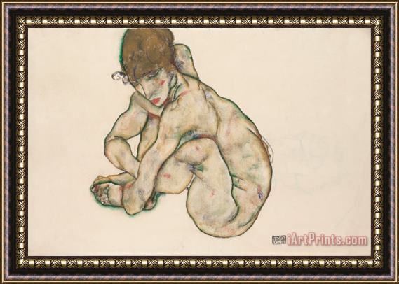 Egon Schiele Crouching Nude Girl Framed Painting