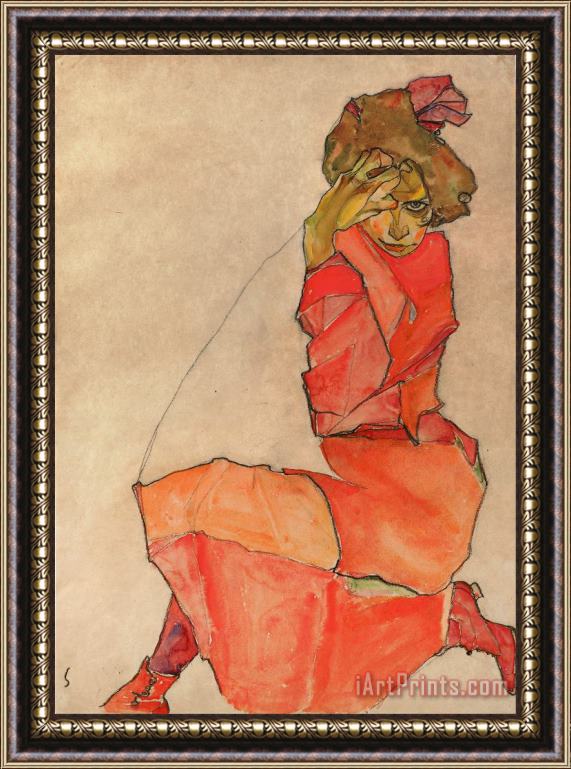 Egon Schiele Kneeling Female in Orange Red Dress Framed Print