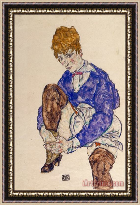 Egon Schiele Portrait of The Artist's Wife Seated, Holding Her Right Leg Framed Painting
