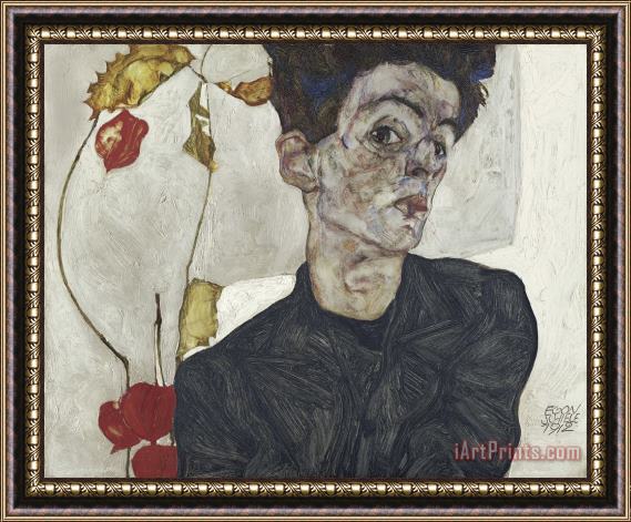 Egon Schiele Self Portrait with Chinese Lantern Plant Framed Painting