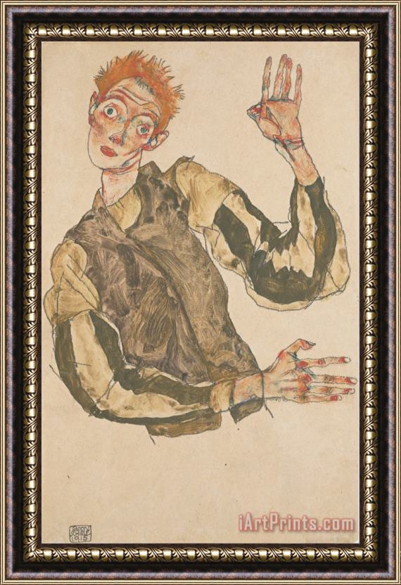 Egon Schiele Self Portrait with Striped Sleeves Framed Painting