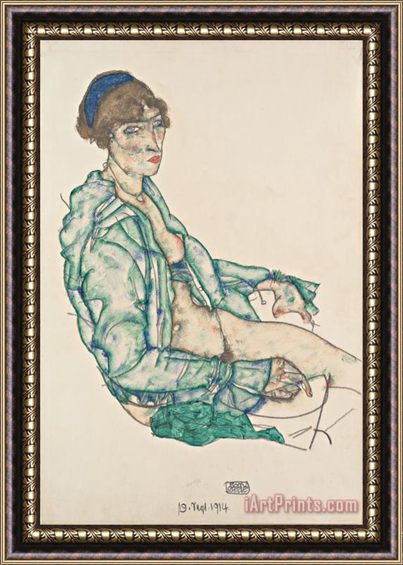 Egon Schiele Sitting Semi Nude with Blue Hairband Framed Print
