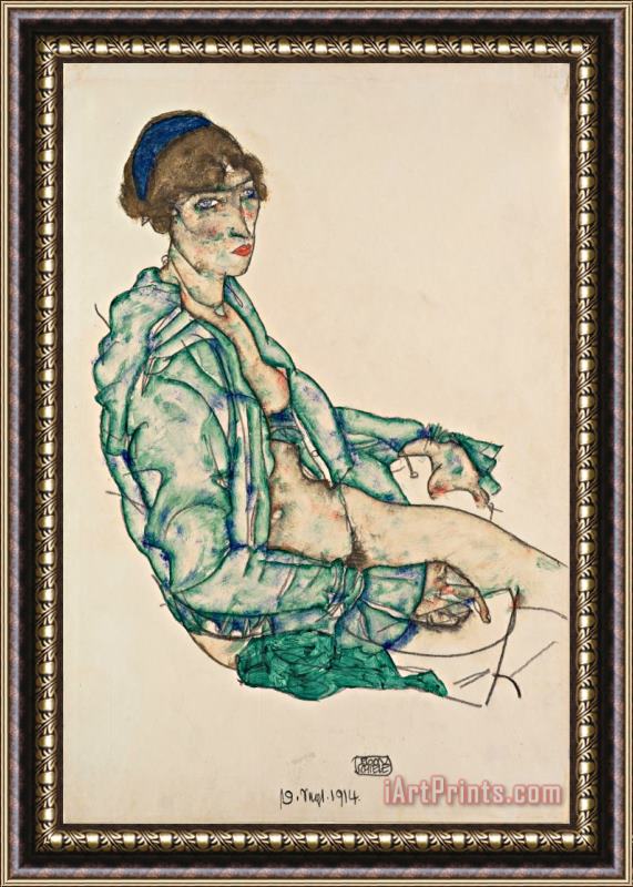 Egon Schiele Sitting Semi Nude with Blue Hairband Framed Print