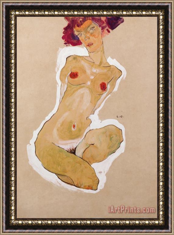 Egon Schiele Squatting Female Nude Framed Painting