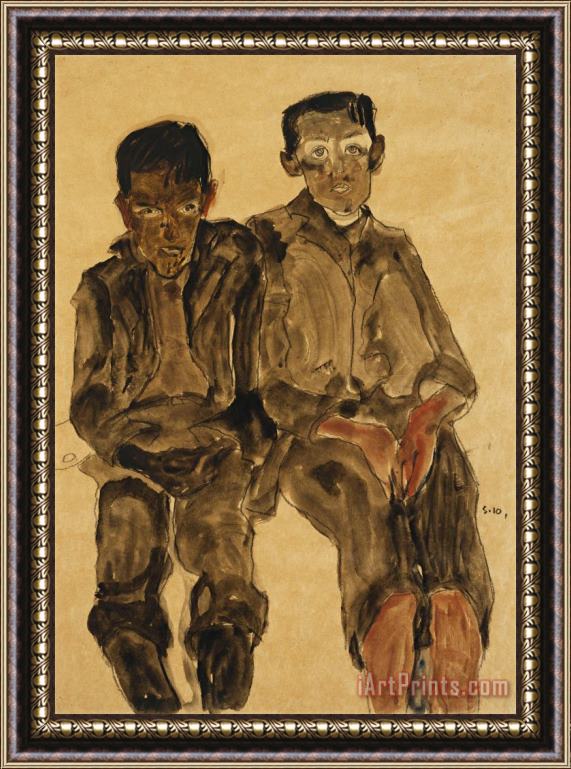 Egon Schiele Two Seated Boys Framed Painting
