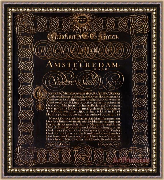 Elias Noski Engraved Poem by C. Huygens 'geluck Aen De E.e. Heeren Regeerders Van Amstelredam...' Framed Painting