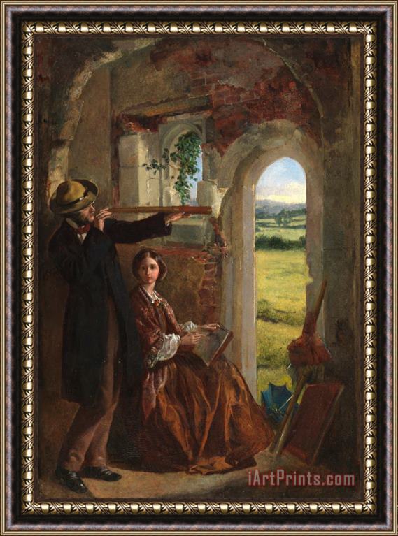 English School Couple Observing a Landscape Framed Painting