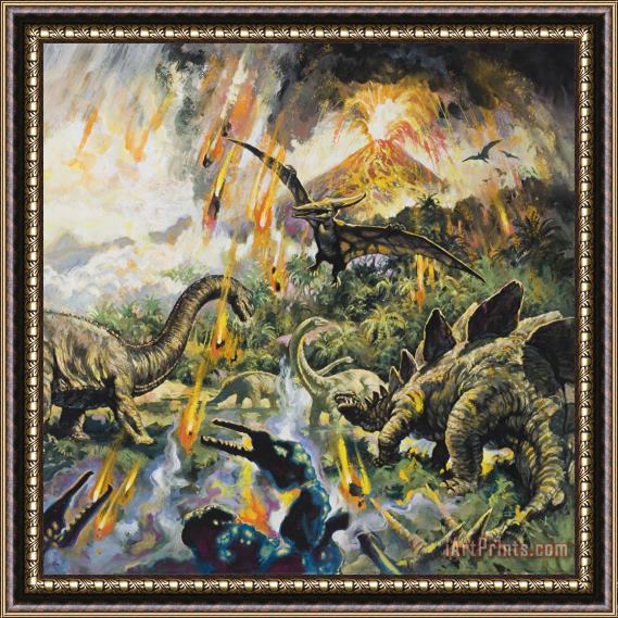 English School Dinosaurs and Volcanoes Framed Painting