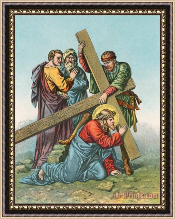 English School Station VII Jesus Falls under the Cross the Second Time Framed Painting