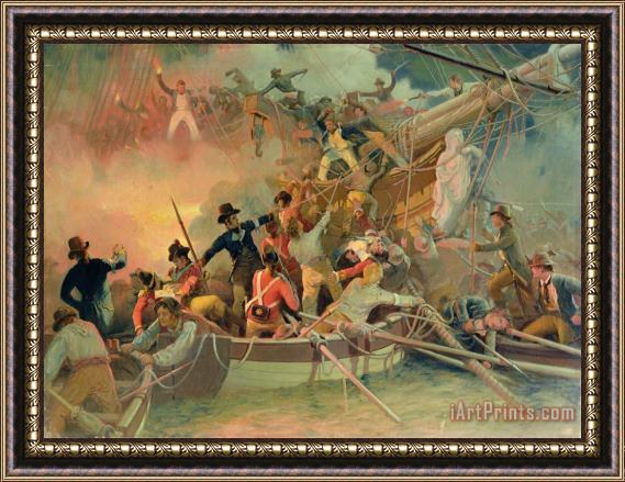 English School The English navy conquering a French ship near the Cape Camaro Framed Print