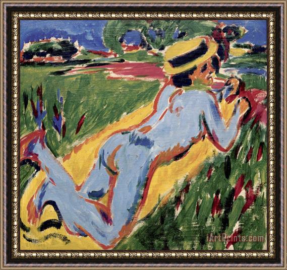 Ernst Ludwig Kirchner Reclining Nude in Blue with Straw Hat Framed Painting