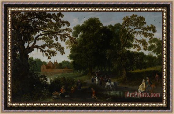 Esaias I van de Velde Landscape With A Courtly Procession Before Abtspoel Castle Framed Print