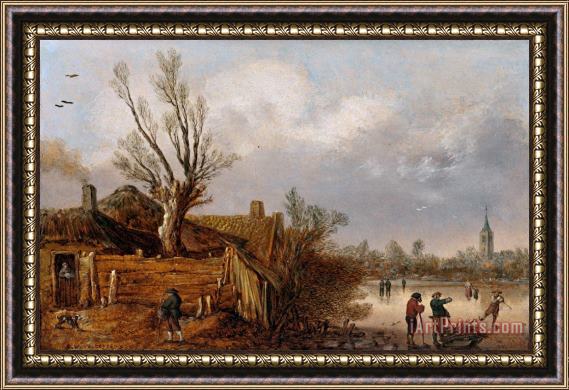 Esaias Van De Velde Cottages And Frozen River Framed Painting