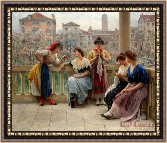 Eugen von Blaas Conversation on The Terrace, Venice Framed Painting