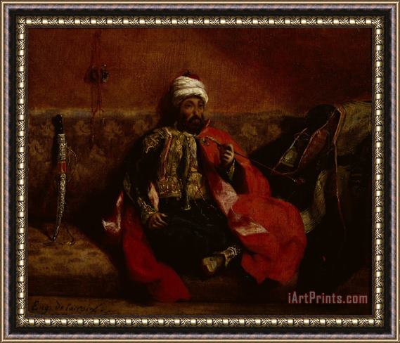 Eugene Delacroix A Turk Smoking Sitting on a Sofa Framed Painting
