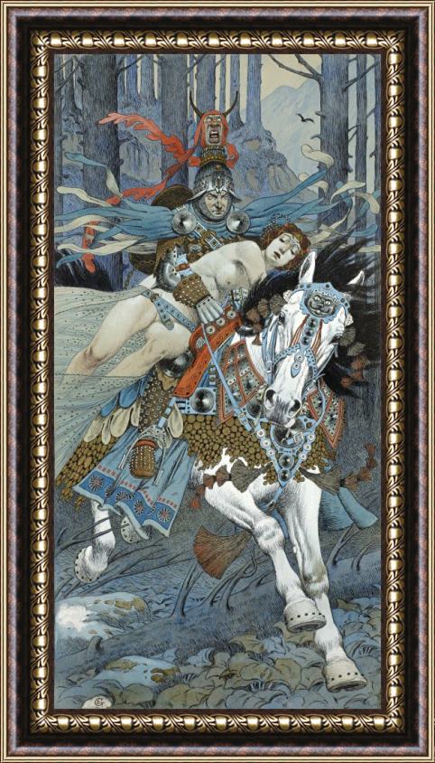 Eugene Grasset Abduction of a Woman by a Mounted Knight Framed Painting