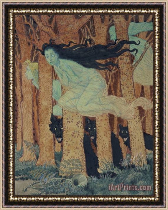 Eugene Grasset Three Women And Three Wolves Framed Painting