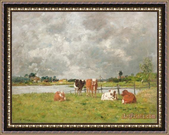 Eugene Louis Boudin Cows in a Field under a Stormy Sky Framed Painting