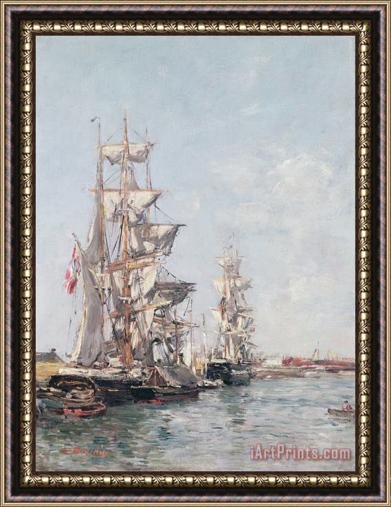 Eugene Louis Boudin Three-masted Boats at the Quay in Deauville Harbour Framed Print