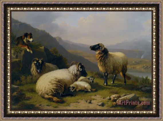 Eugene Verboeckhoven Sheep Dog Guarding His Flock Framed Painting