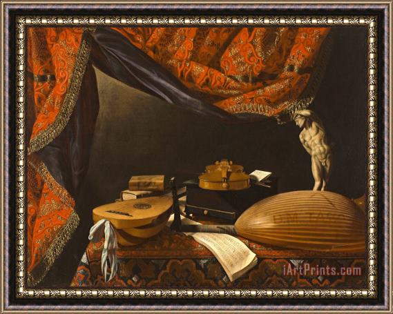 Evaristo Baschenis Still Life with Musical Instruments, Books And Sculpture Framed Painting