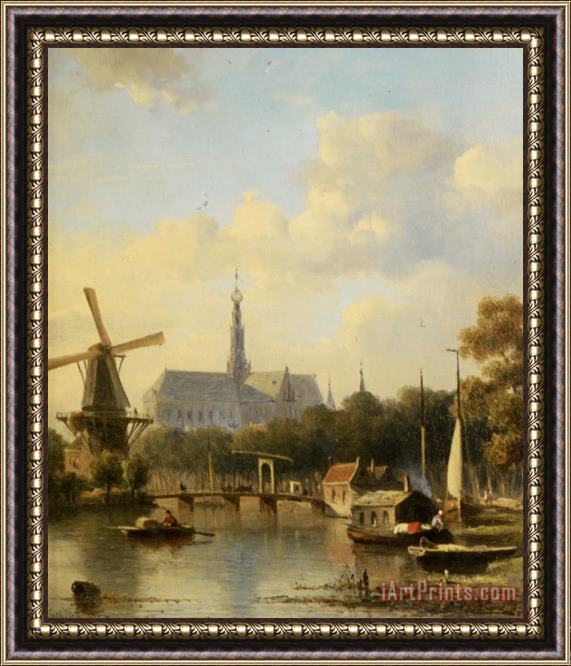 Everhardus Koster A View of Haarlem with St Bavo Cathedral From The River Framed Painting